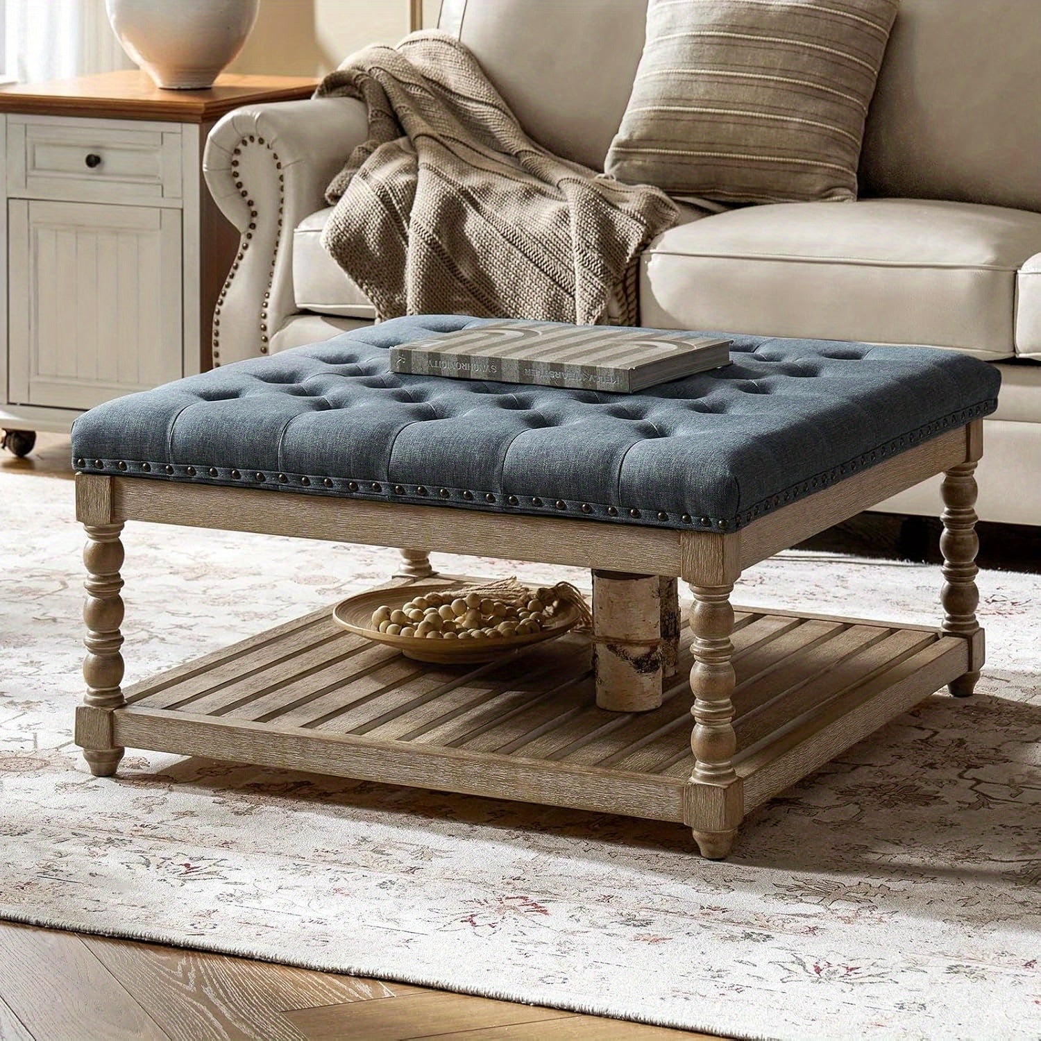 Rectangular Upholstered Coffee Table Ottoman Featuring Spindle Wooden Legs, Tufted Design, And a Solid Wood Storage Shelf for The Living Room