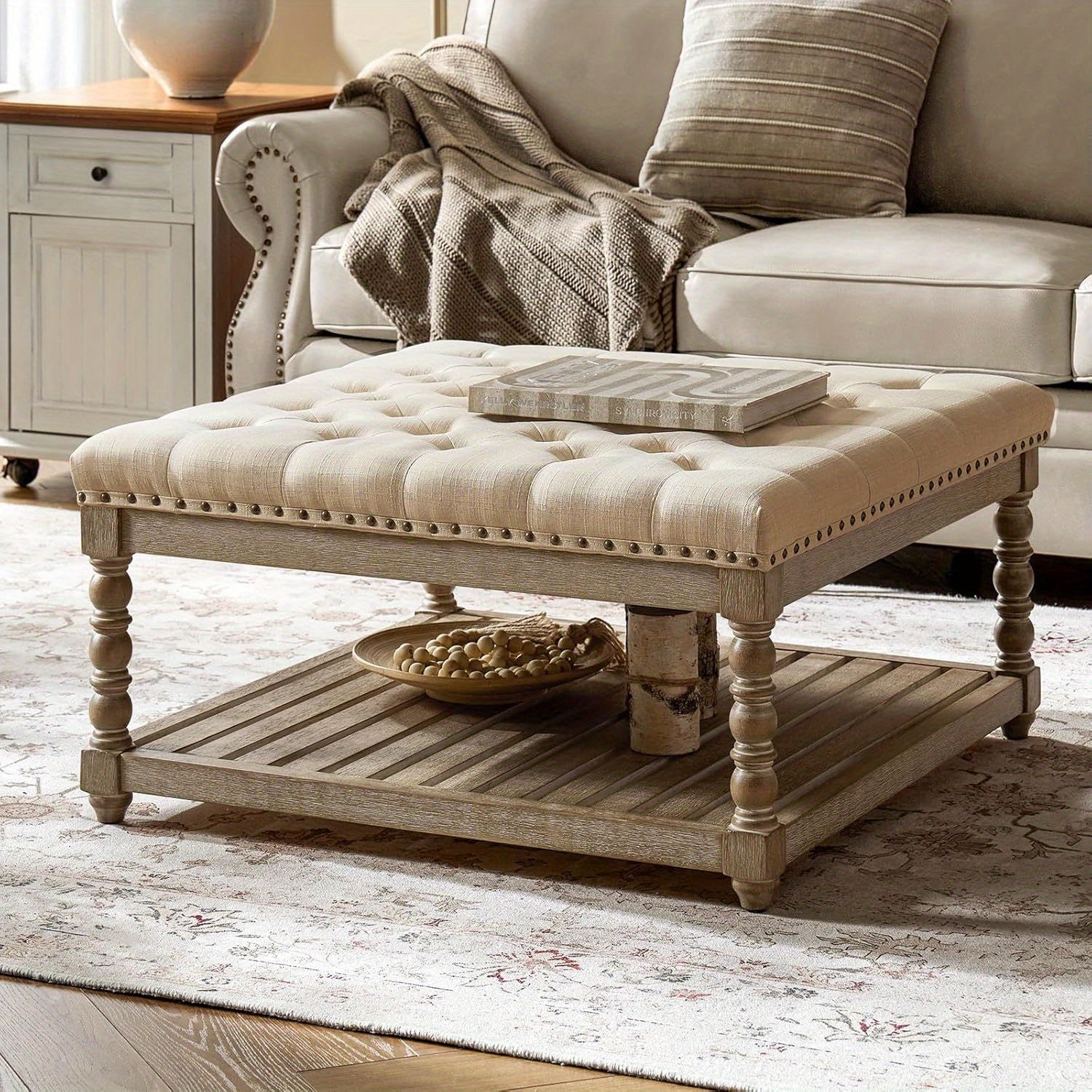 Rectangular Upholstered Coffee Table Ottoman Featuring Spindle Wooden Legs, Tufted Design, And a Solid Wood Storage Shelf for The Living Room