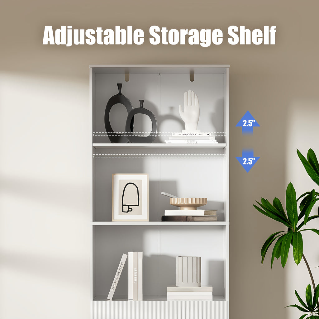 Modern White\u002FBlack\u002FOak Bookshelf with Arc Wave Design & Adjustable Shelves - Tall 63\