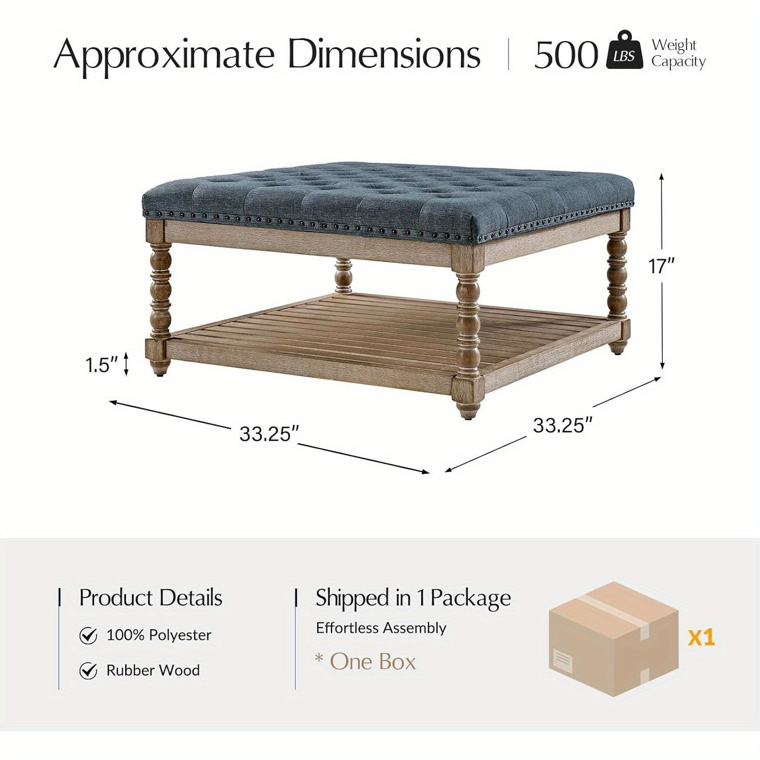 Rectangular Upholstered Coffee Table Ottoman Featuring Spindle Wooden Legs, Tufted Design, And a Solid Wood Storage Shelf for The Living Room