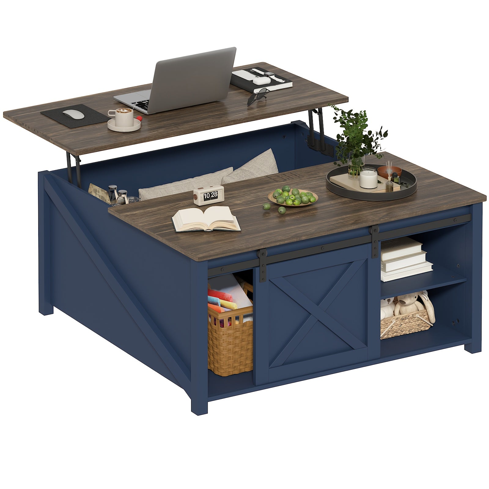 Lift Top Coffee Table with Storage, Square Wood Coffee Tables with Large Hidden Storage Compartment and Adjustable Shelves, Multi-Function Farmhouse Coffee Table for Living Room, Bedroom and Home Office