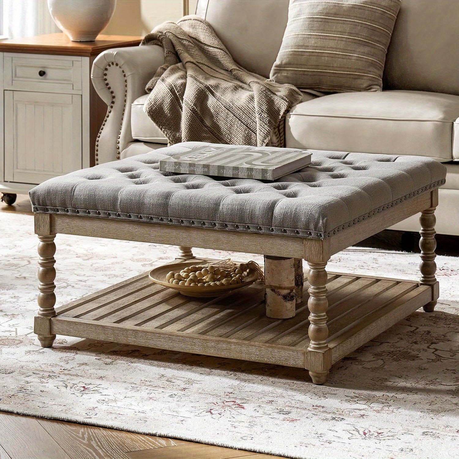 Rectangular Upholstered Coffee Table Ottoman Featuring Spindle Wooden Legs, Tufted Design, And a Solid Wood Storage Shelf for The Living Room