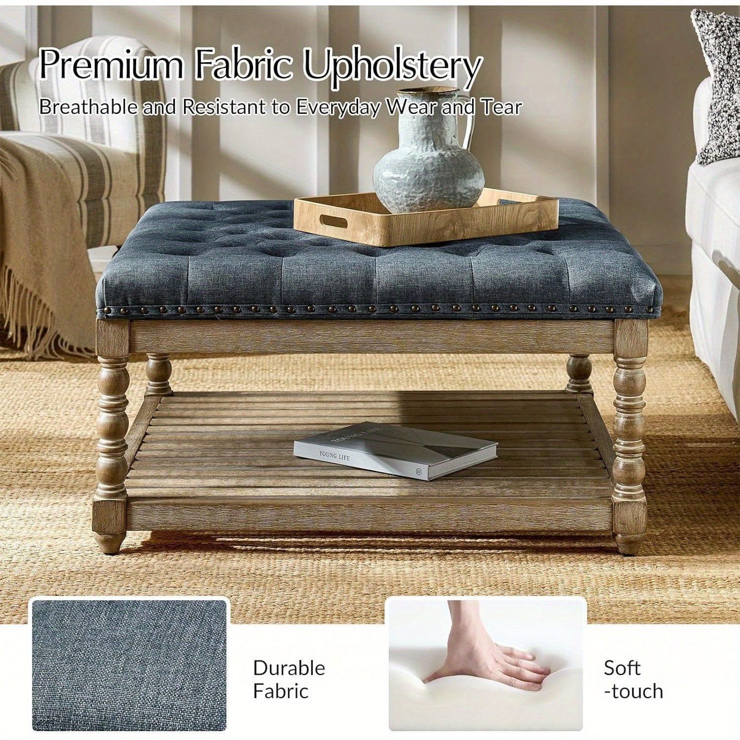 Rectangular Upholstered Coffee Table Ottoman Featuring Spindle Wooden Legs, Tufted Design, And a Solid Wood Storage Shelf for The Living Room