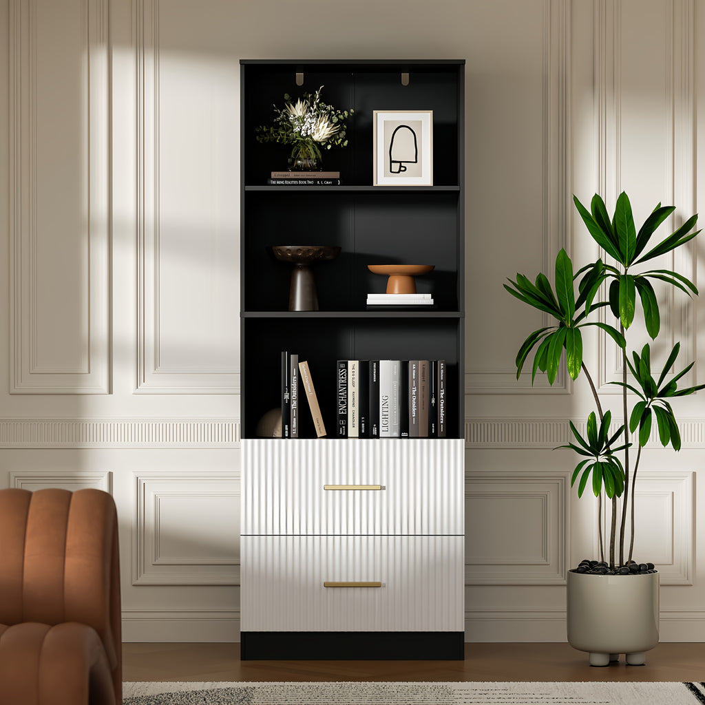 Modern White\u002FBlack\u002FOak Bookshelf with Arc Wave Design & Adjustable Shelves - Tall 63\