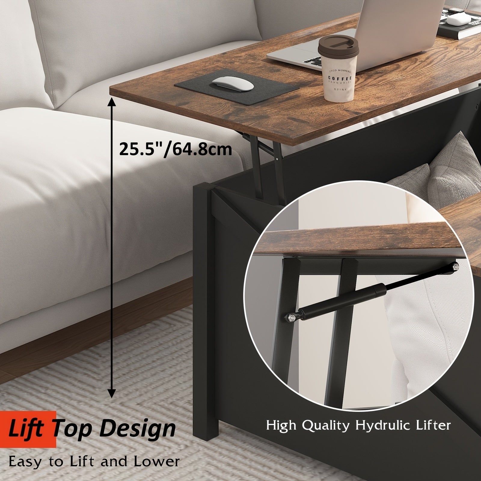 Lift Top Coffee Table with Storage, Square Wood Coffee Tables with Large Hidden Storage Compartment and Adjustable Shelves, Multi-Function Farmhouse Coffee Table for Living Room, Bedroom and Home Office