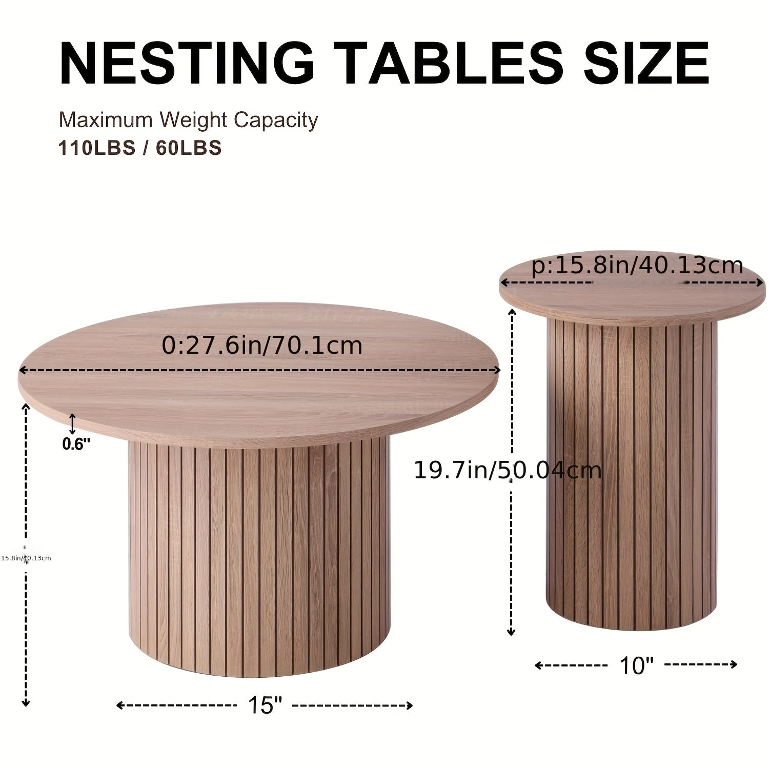 Set of 2 Round Nesting Coffee Tables, Bohemian Wooden Circular Side Table with Fluted Design, Rustic End Table for Living Room Or Bedroom, Ideal for Apartments