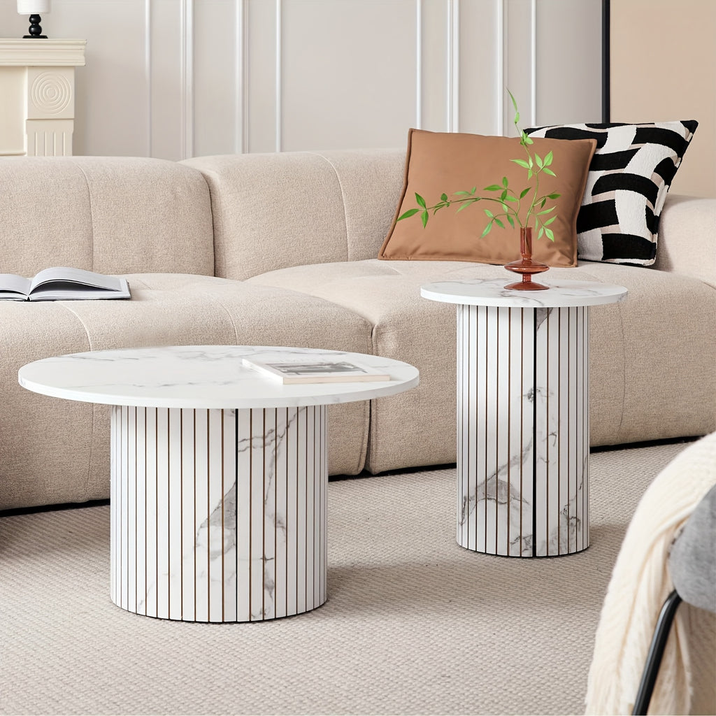 Set of 2 Round Nesting Coffee Tables, Bohemian Wooden Circular Side Table with Fluted Design, Rustic End Table for Living Room Or Bedroom, Ideal for Apartments