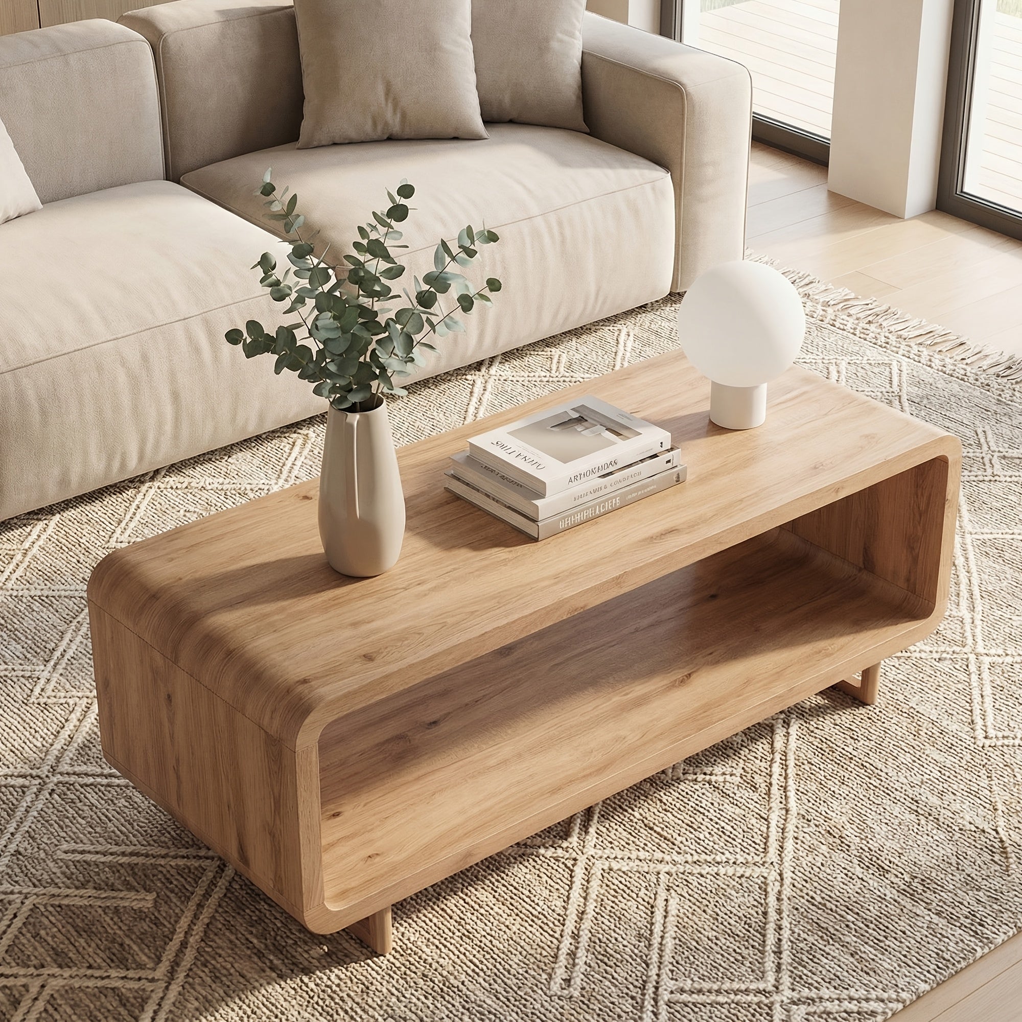 Wooden Coffee Table with Storage Shelf, Modern 2-Tier Rectangular Minimalist Center Table, Curved Profile Design for Living Room, Office