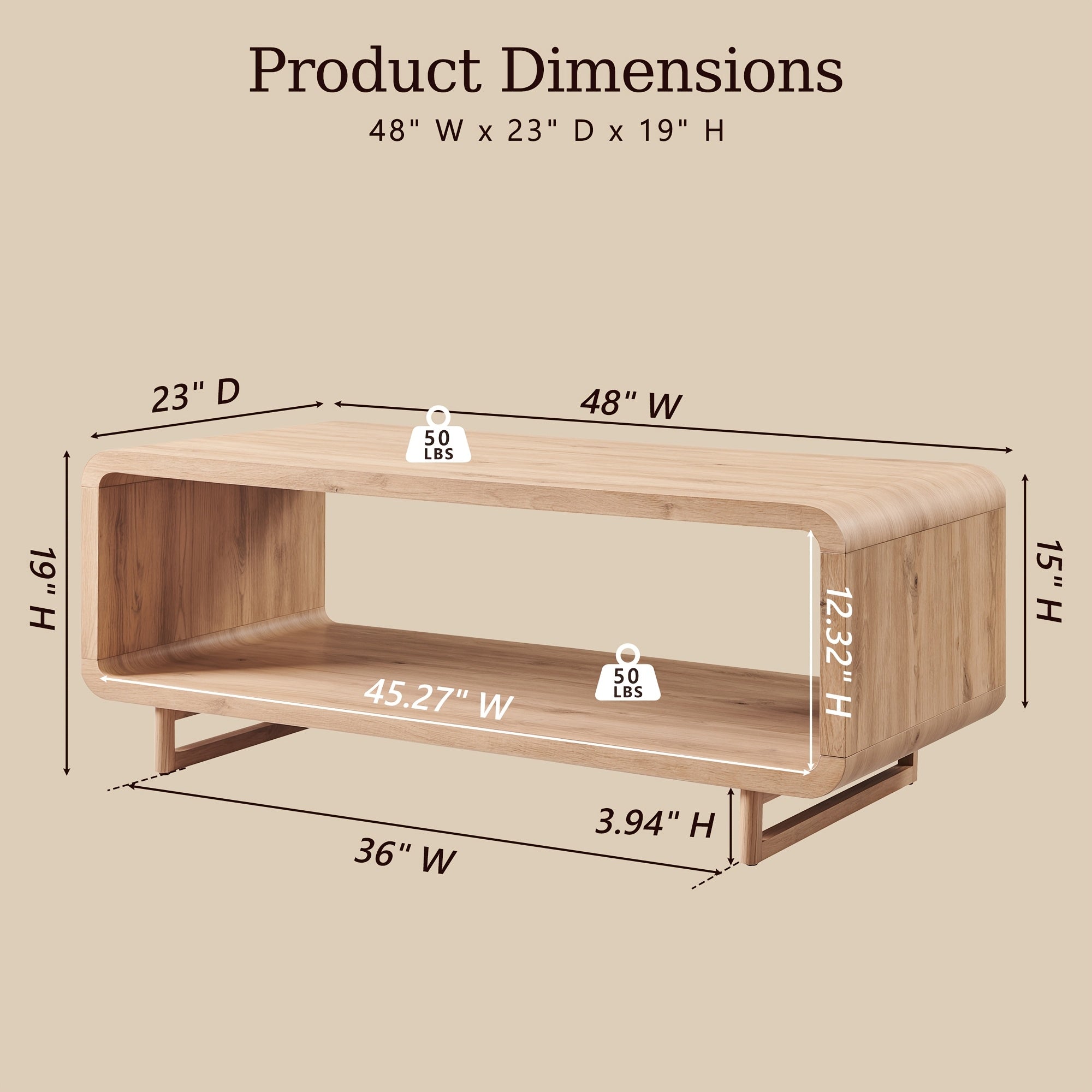 Wooden Coffee Table with Storage Shelf, Modern 2-Tier Rectangular Minimalist Center Table, Curved Profile Design for Living Room, Office