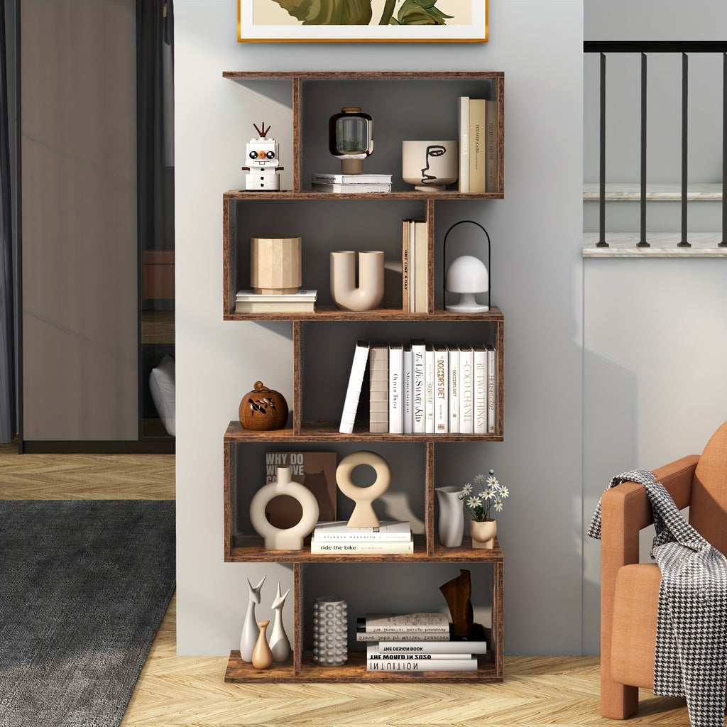 5-Tier Geometric S-Shaped Bookcase, Rustic Wooden Room Divider Storage Display Shelf, 62.5\