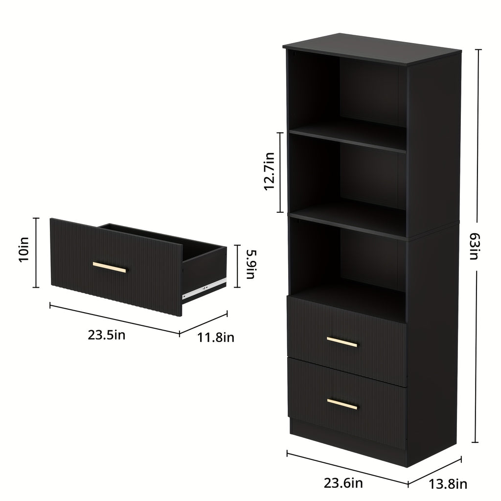 Modern White\u002FBlack\u002FOak Bookshelf with Arc Wave Design & Adjustable Shelves - Tall 63\