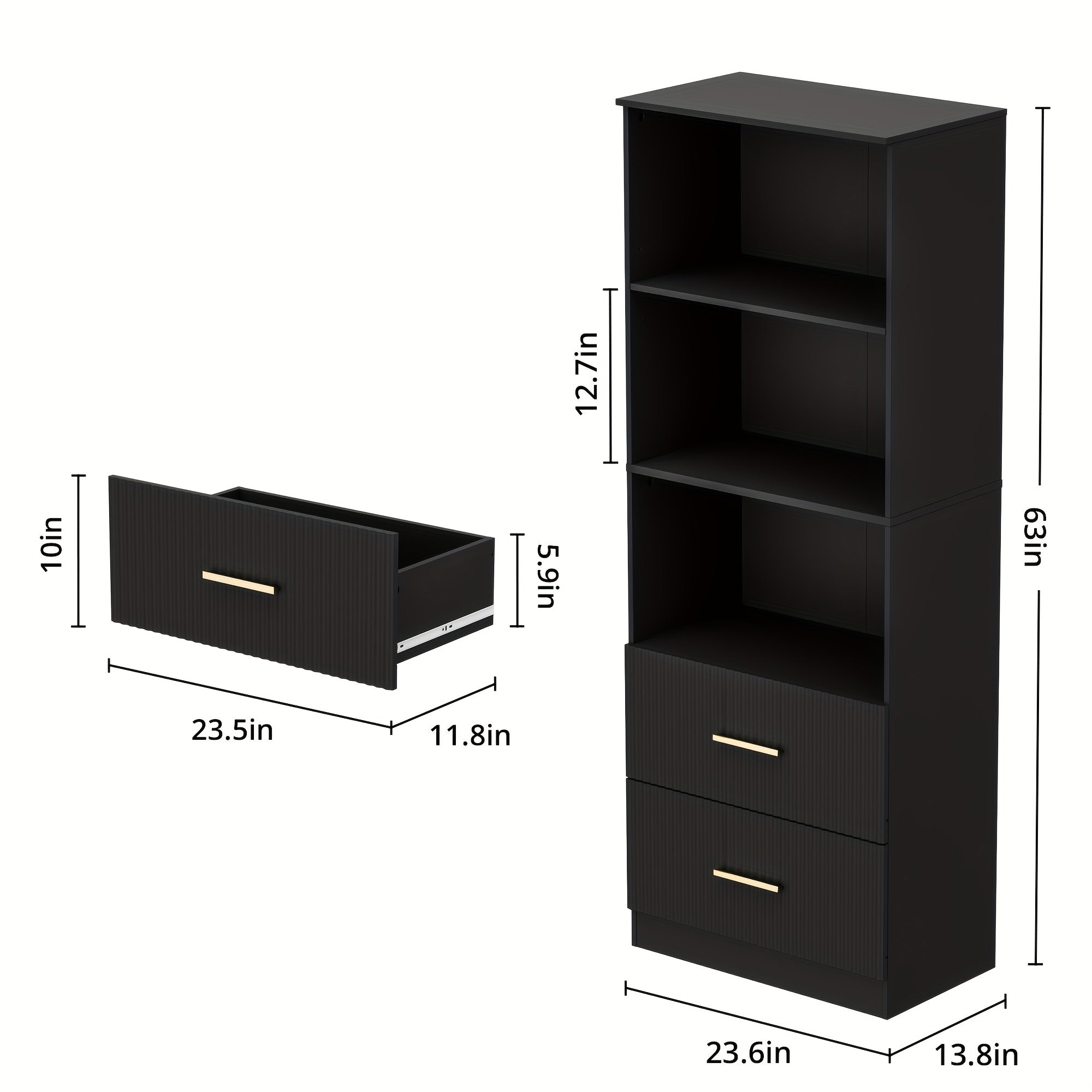 Modern White\u002FBlack\u002FOak Bookshelf with Arc Wave Design & Adjustable Shelves - Tall 63\