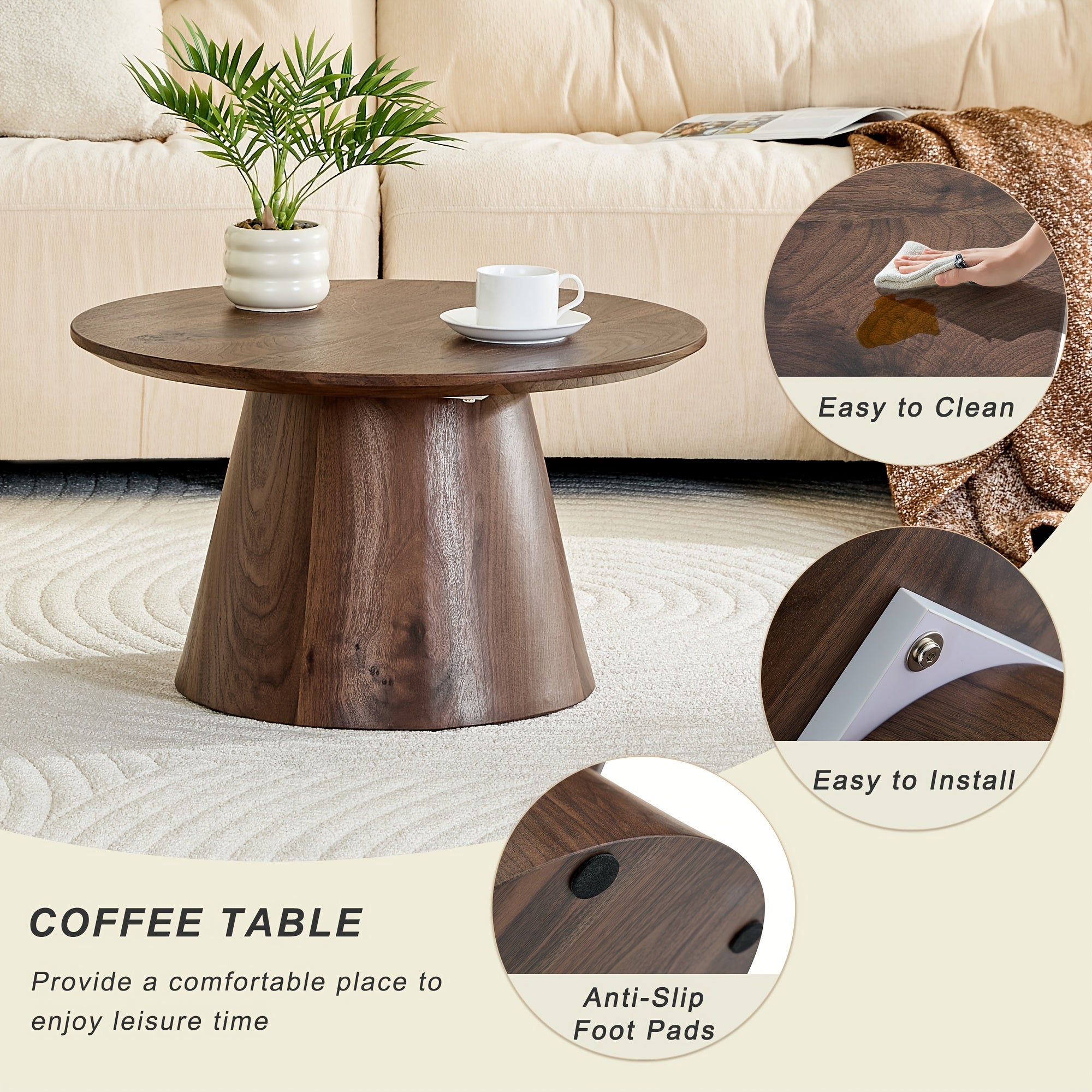 Round Coffee Table 23.6 Inch Modern Minimalist Small Space-Saving Low Table with Smooth Tabletop & Engineered Wood\u002FMDF Top, Suitable for Living Room, Bedroom, Apartment, Office - Assembly Compact Circular Furniture for Small Spaces