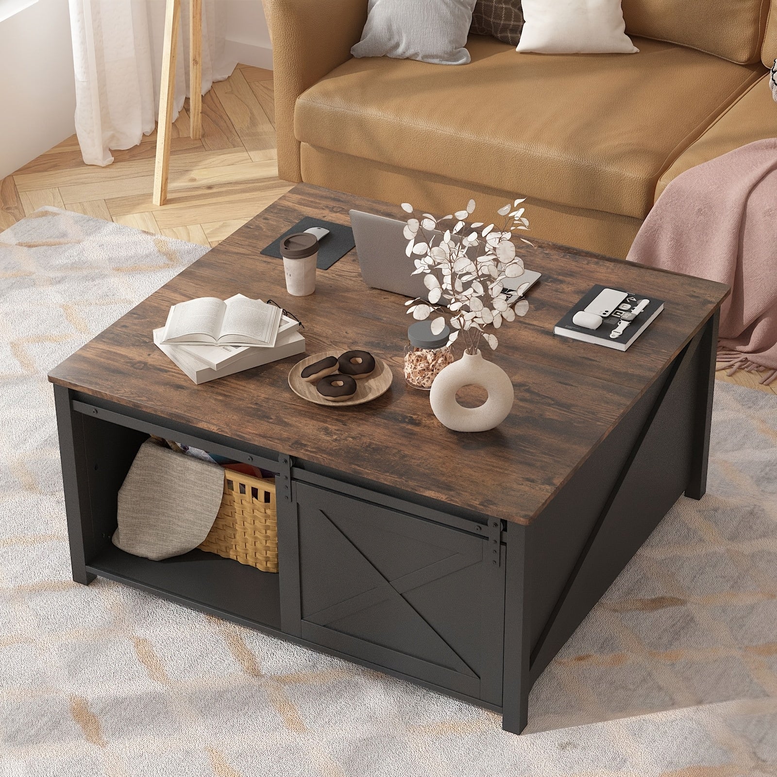 Lift Top Coffee Table with Storage, Square Wood Coffee Tables with Large Hidden Storage Compartment and Adjustable Shelves, Multi-Function Farmhouse Coffee Table for Living Room, Bedroom and Home Office