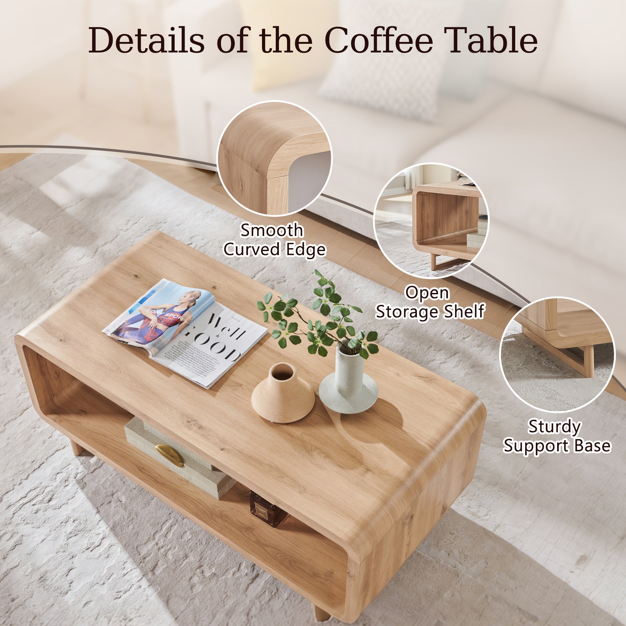Wooden Coffee Table with Storage Shelf, Modern 2-Tier Rectangular Minimalist Center Table, Curved Profile Design for Living Room, Office
