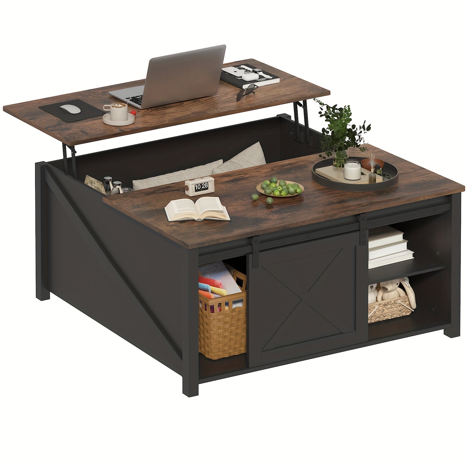 Lift Top Coffee Table with Storage, Square Wood Coffee Tables with Large Hidden Storage Compartment and Adjustable Shelves, Multi-Function Farmhouse Coffee Table for Living Room, Bedroom and Home Office