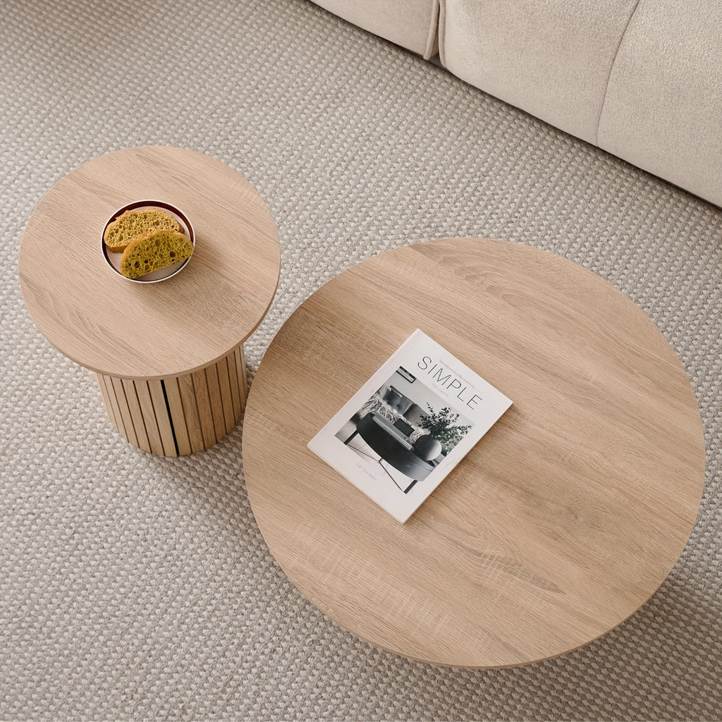 Set of 2 Round Nesting Coffee Tables, Bohemian Wooden Circular Side Table with Fluted Design, Rustic End Table for Living Room Or Bedroom, Ideal for Apartments