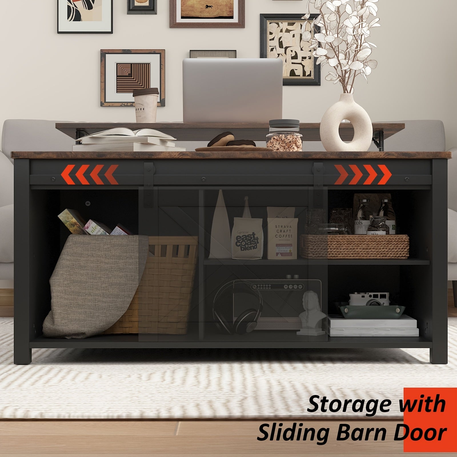 Lift Top Coffee Table with Storage, Square Wood Coffee Tables with Large Hidden Storage Compartment and Adjustable Shelves, Multi-Function Farmhouse Coffee Table for Living Room, Bedroom and Home Office