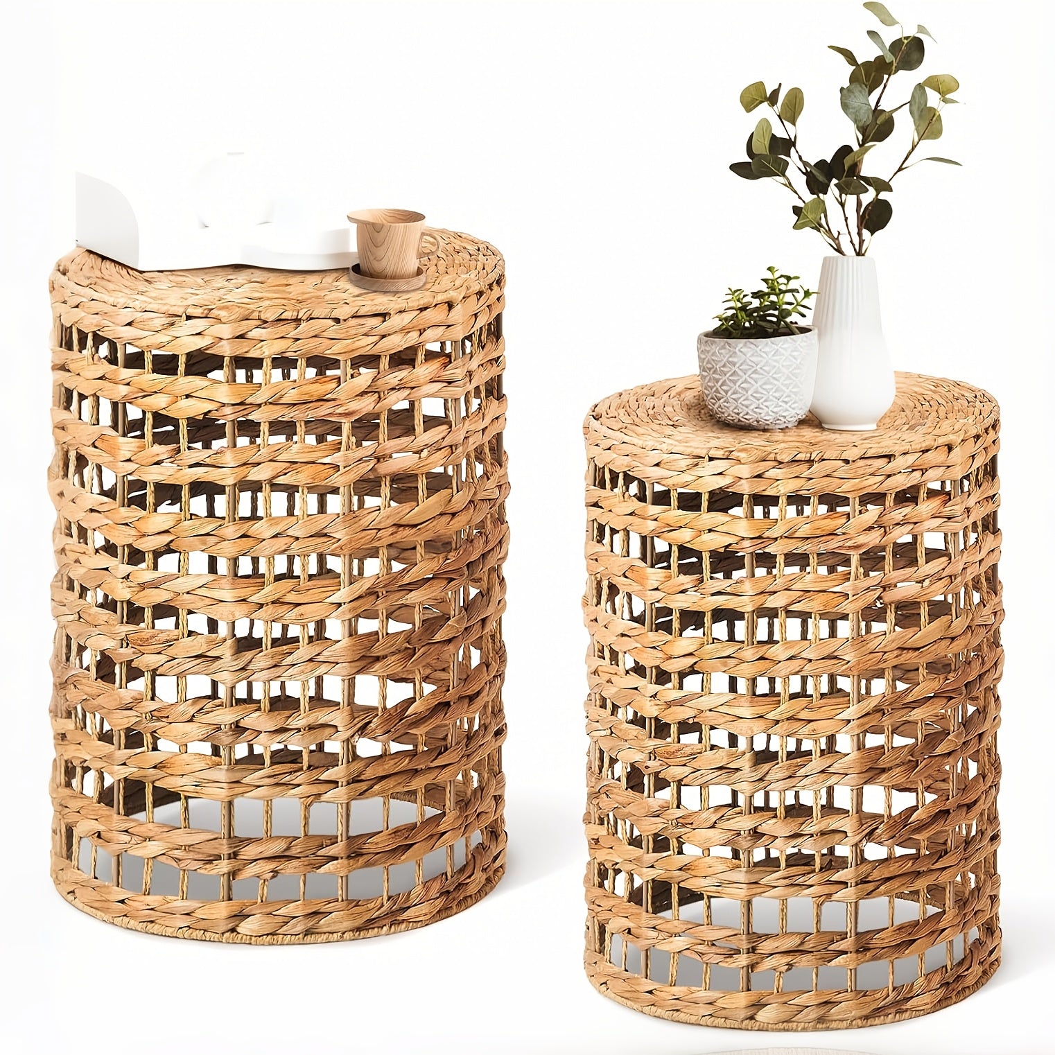 Handwoven Outdoor Side Tables, Set Of 2 Natural Water Hyacinth Outside End Table, Round Coffee Table For Patio, Garden, Backyard, Indoor Outdoor Plant Or End Table
