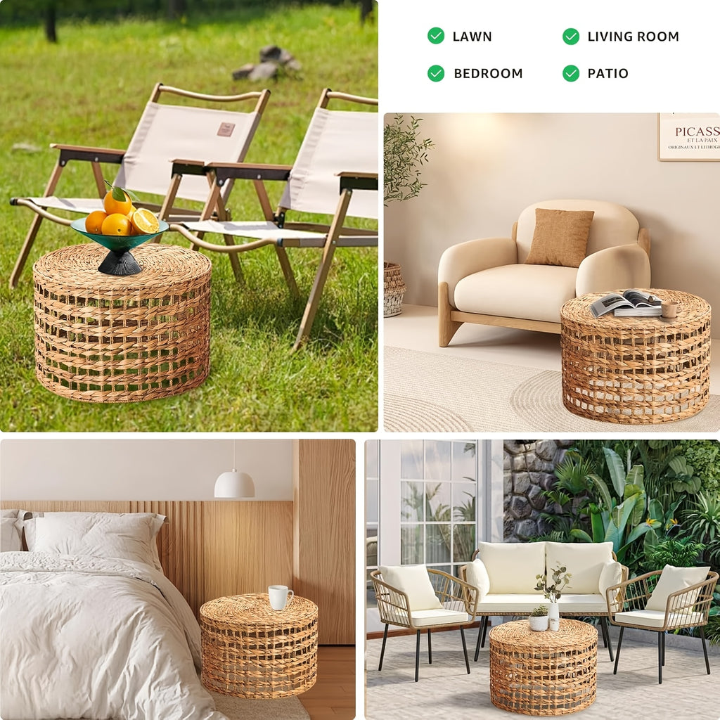 Handwoven Outdoor Side Tables, Set Of 2 Natural Water Hyacinth Outside End Table, Round Coffee Table For Patio, Garden, Backyard, Indoor Outdoor Plant Or End Table