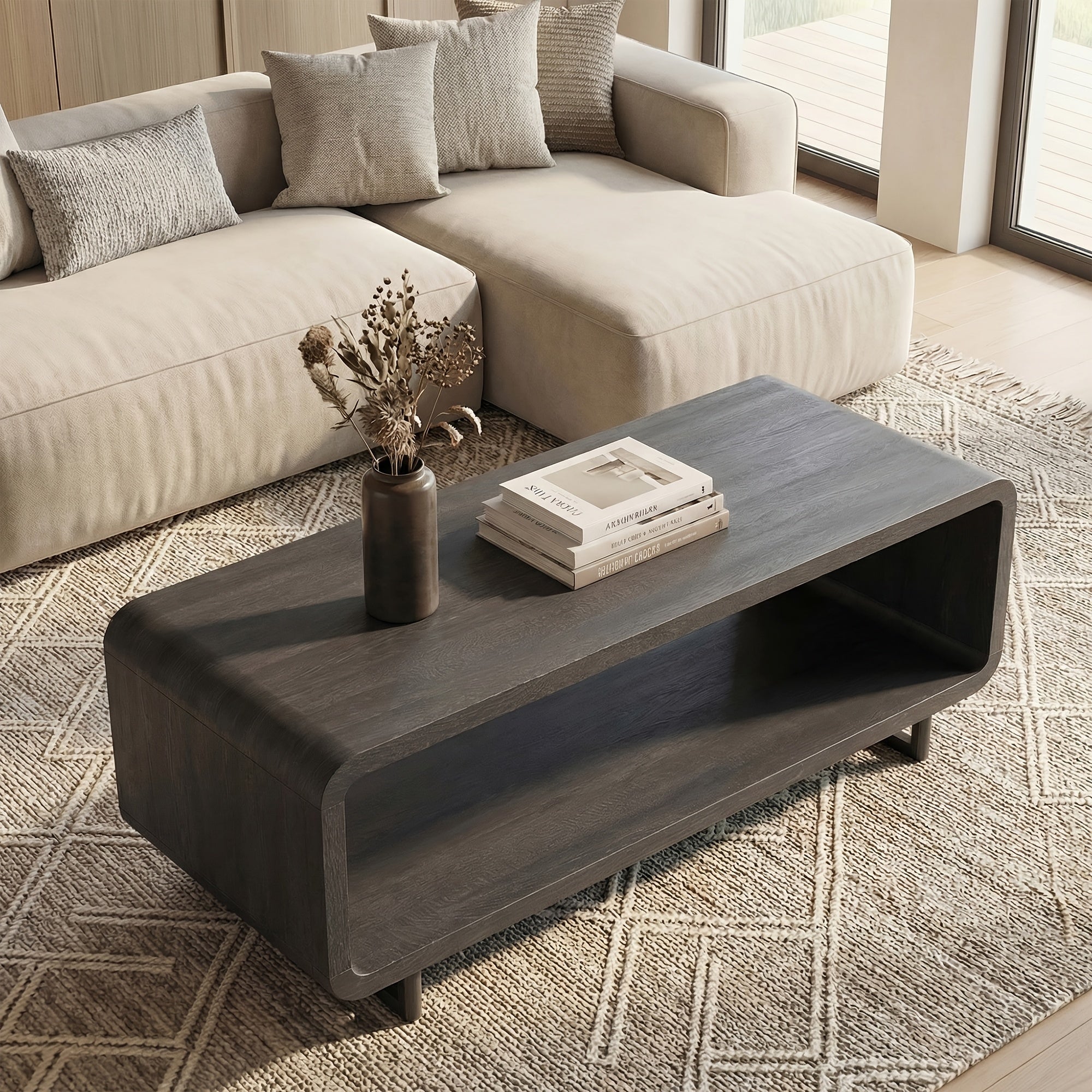 Wooden Coffee Table with Storage Shelf, Modern 2-Tier Rectangular Minimalist Center Table, Curved Profile Design for Living Room, Office