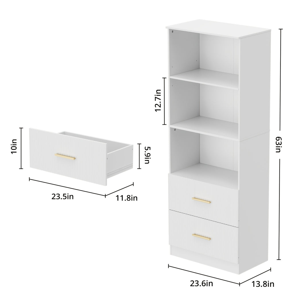 Modern White\u002FBlack\u002FOak Bookshelf with Arc Wave Design & Adjustable Shelves - Tall 63\
