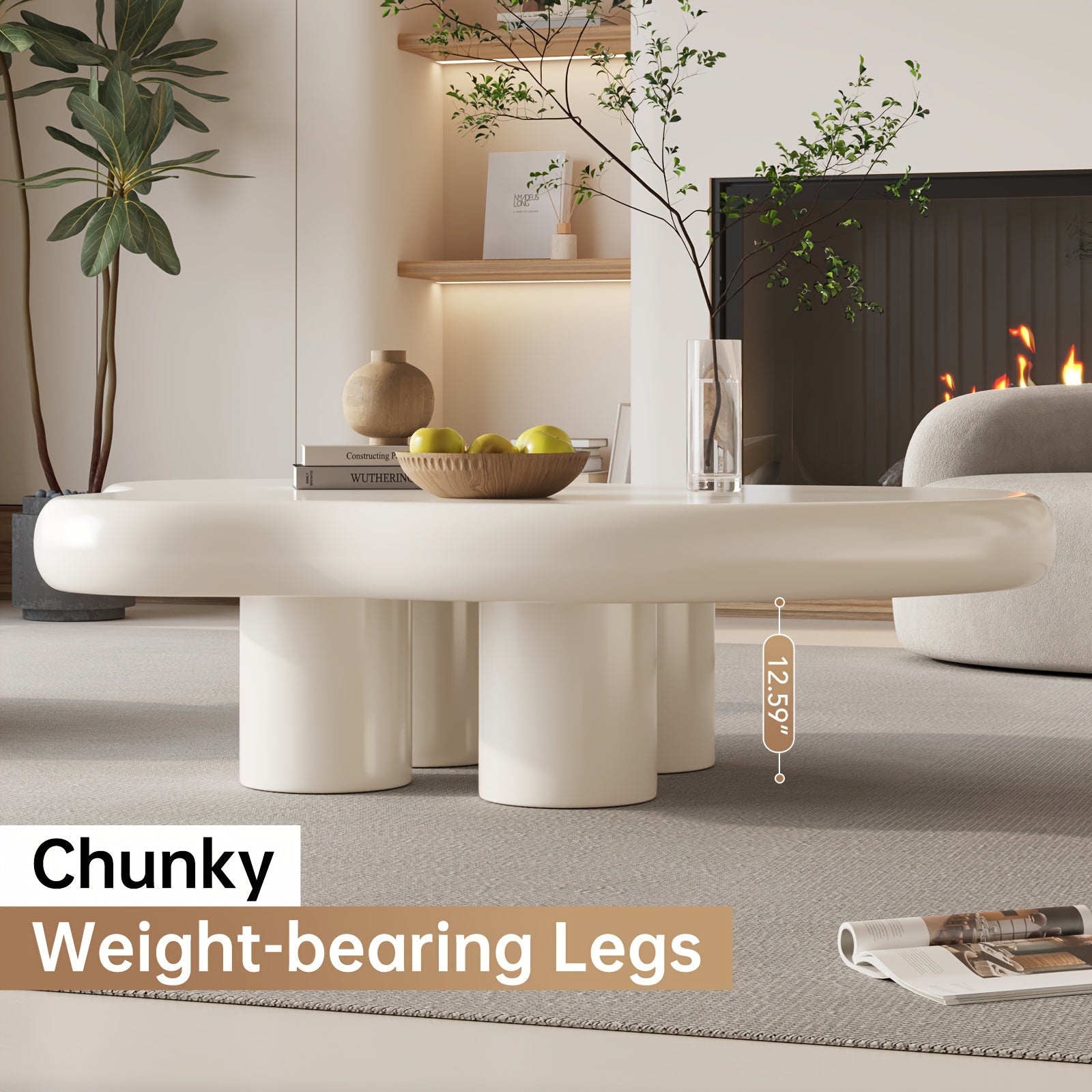 Modern White Cloud Tea Table - Unique Irregular Shape, 4-Leg Design for Living Room or Coffee Area, 35.82 Inches, Minimalist Style with Rounded Edges and Sleek Finish APPLE