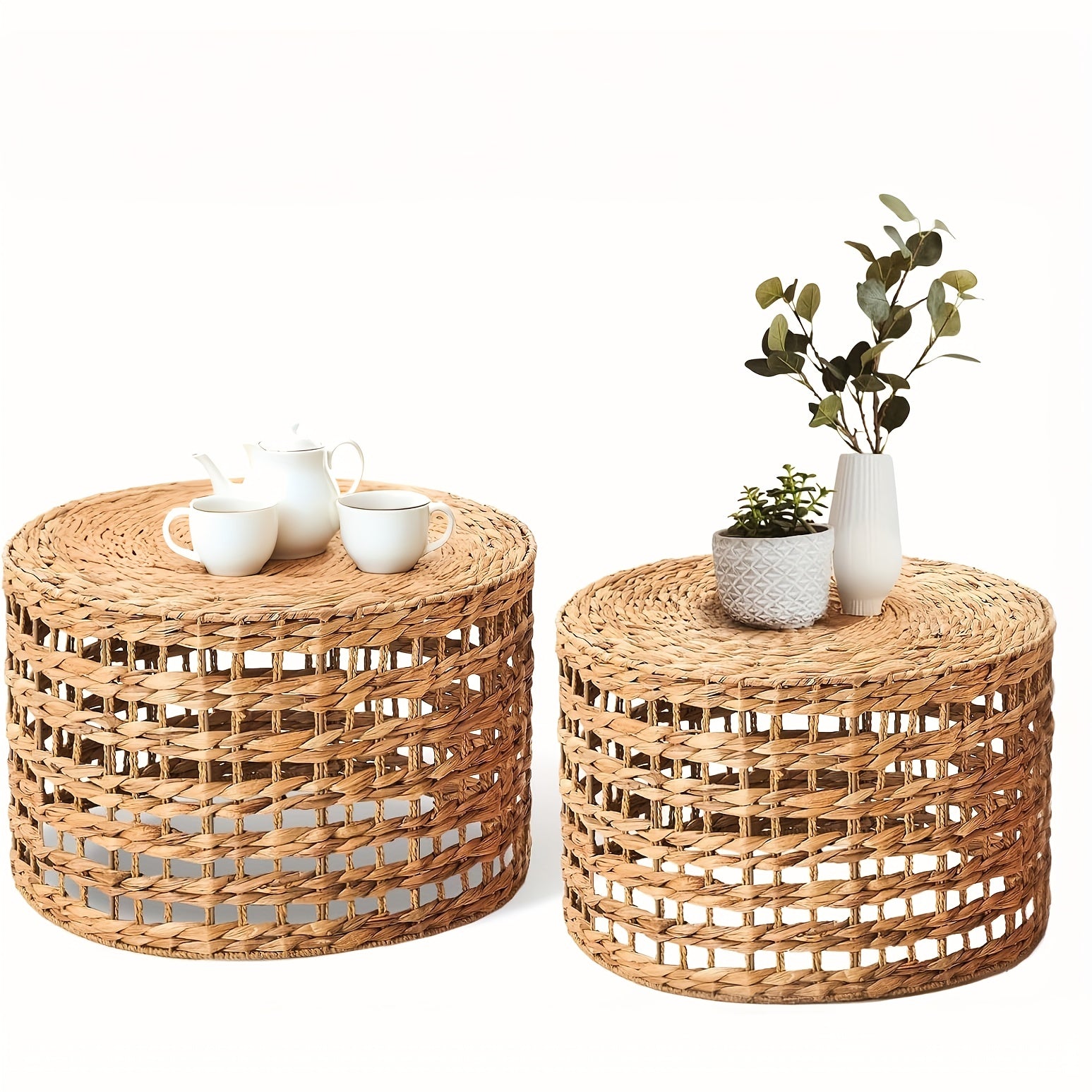 Handwoven Outdoor Side Tables, Set Of 2 Natural Water Hyacinth Outside End Table, Round Coffee Table For Patio, Garden, Backyard, Indoor Outdoor Plant Or End Table