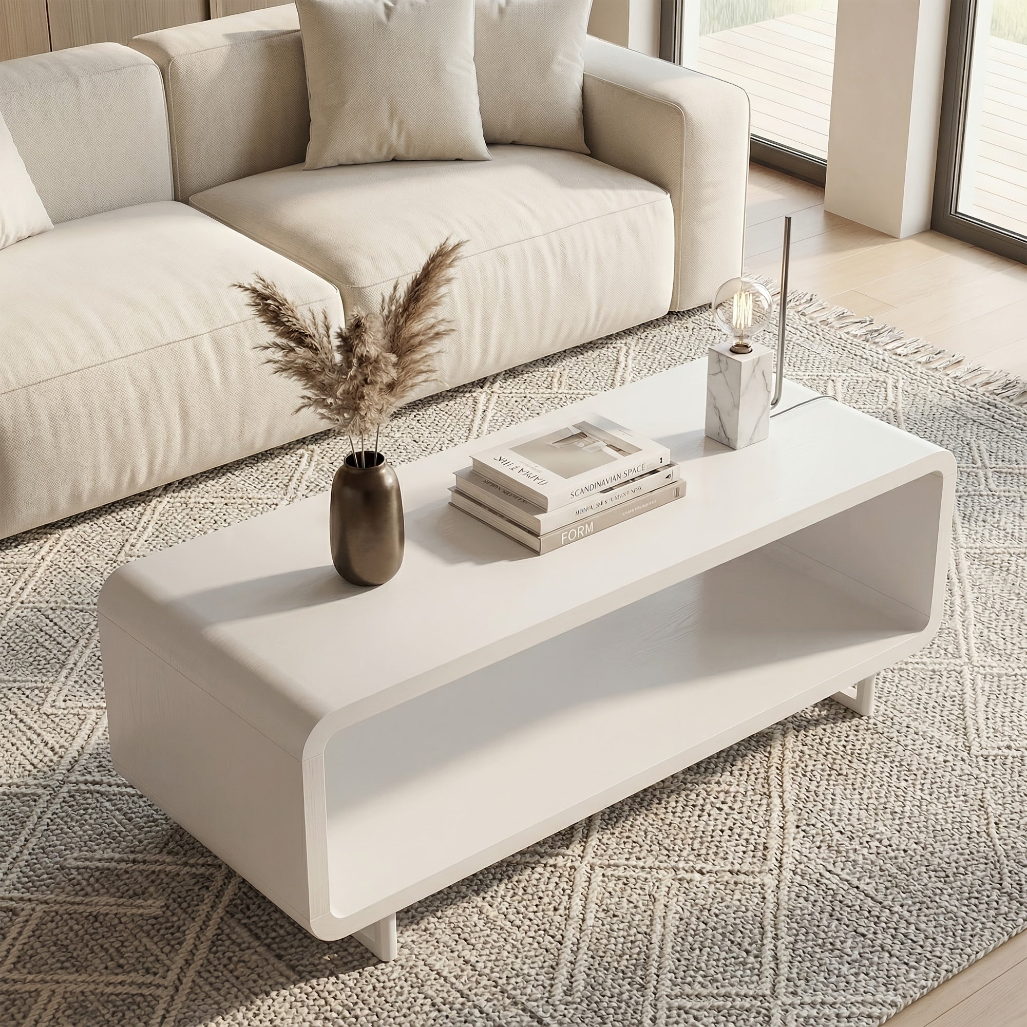 Wooden Coffee Table with Storage Shelf, Modern 2-Tier Rectangular Minimalist Center Table, Curved Profile Design for Living Room, Office