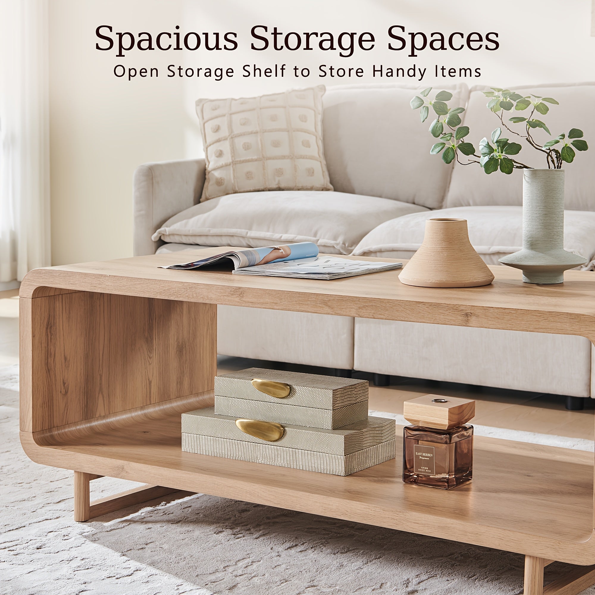 Wooden Coffee Table with Storage Shelf, Modern 2-Tier Rectangular Minimalist Center Table, Curved Profile Design for Living Room, Office