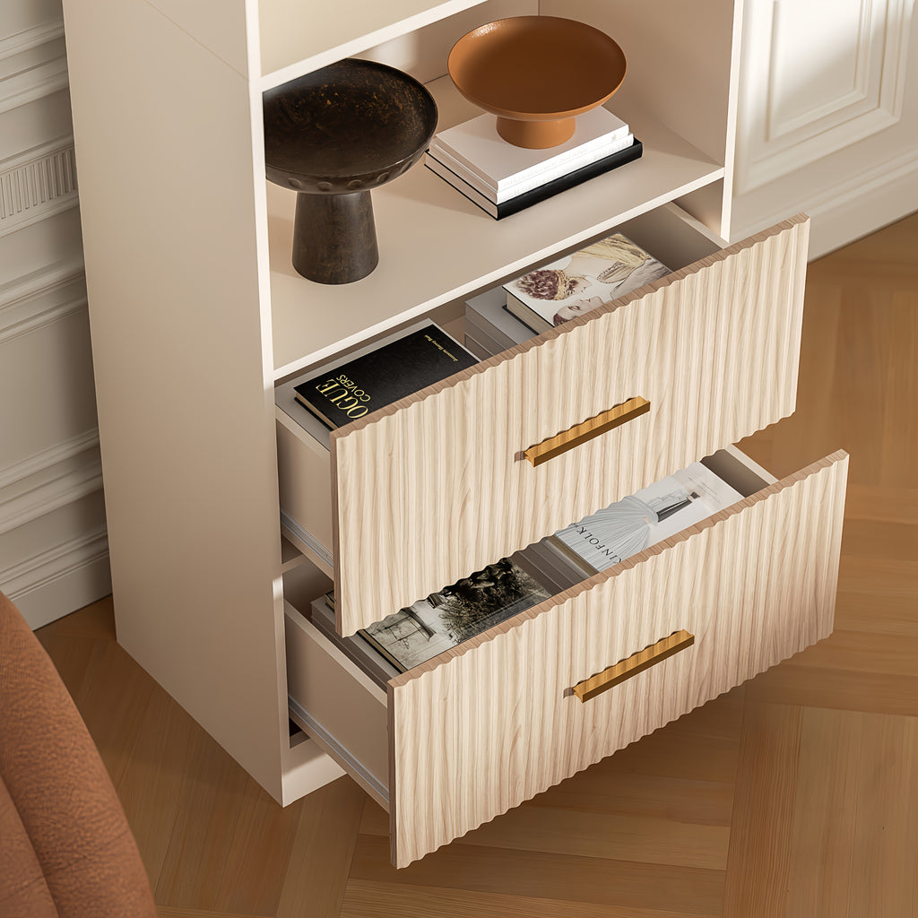 Modern White\u002FBlack\u002FOak Bookshelf with Arc Wave Design & Adjustable Shelves - Tall 63\