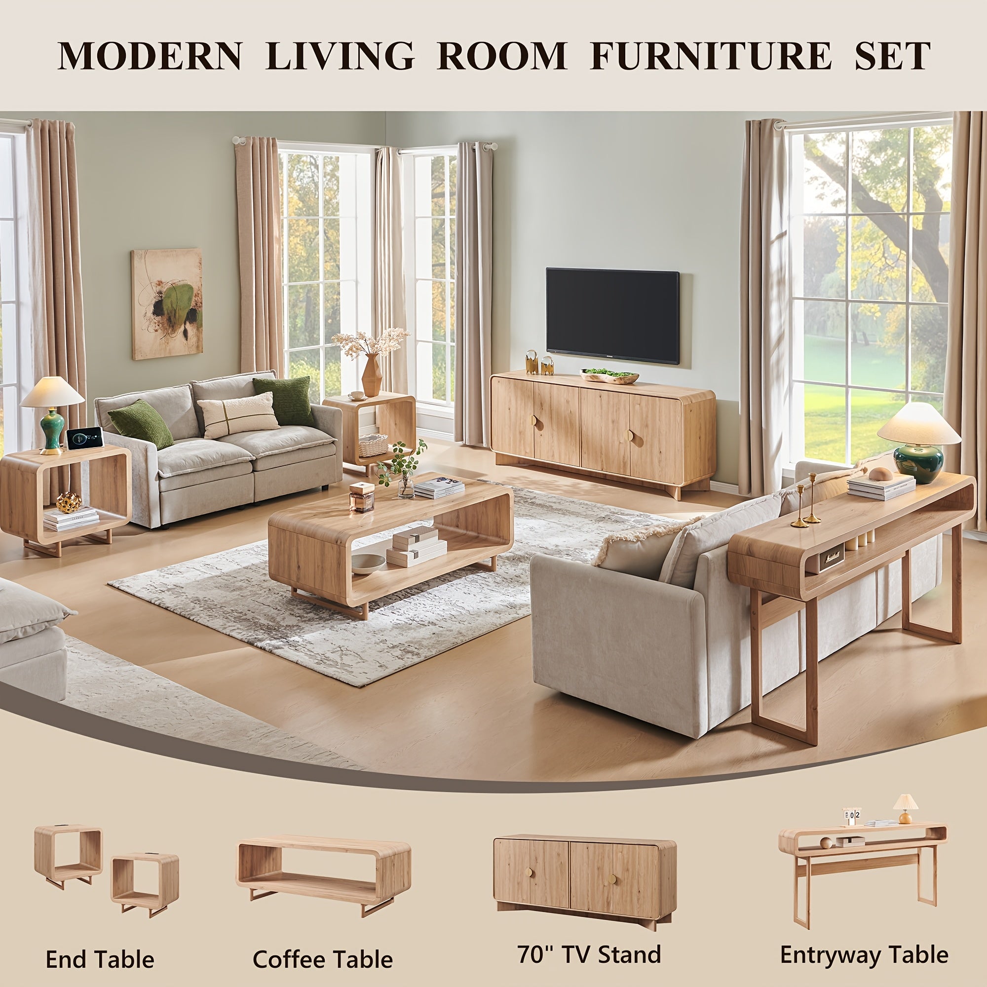 Wooden Coffee Table with Storage Shelf, Modern 2-Tier Rectangular Minimalist Center Table, Curved Profile Design for Living Room, Office