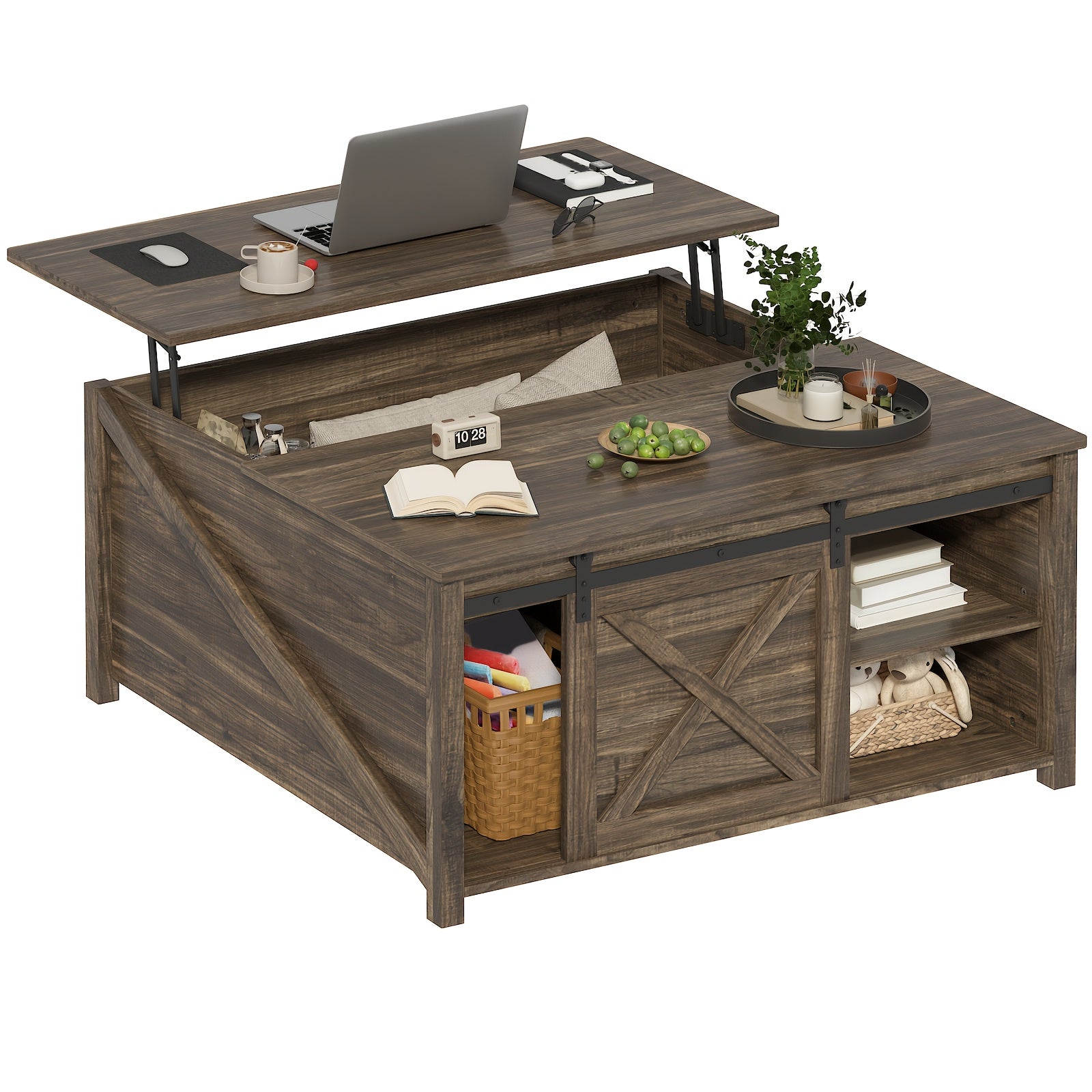 Lift Top Coffee Table with Storage, Square Wood Coffee Tables with Large Hidden Storage Compartment and Adjustable Shelves, Multi-Function Farmhouse Coffee Table for Living Room, Bedroom and Home Office