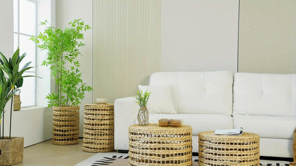 Handwoven Outdoor Side Tables, Set Of 2 Natural Water Hyacinth Outside End Table, Round Coffee Table For Patio, Garden, Backyard, Indoor Outdoor Plant Or End Table