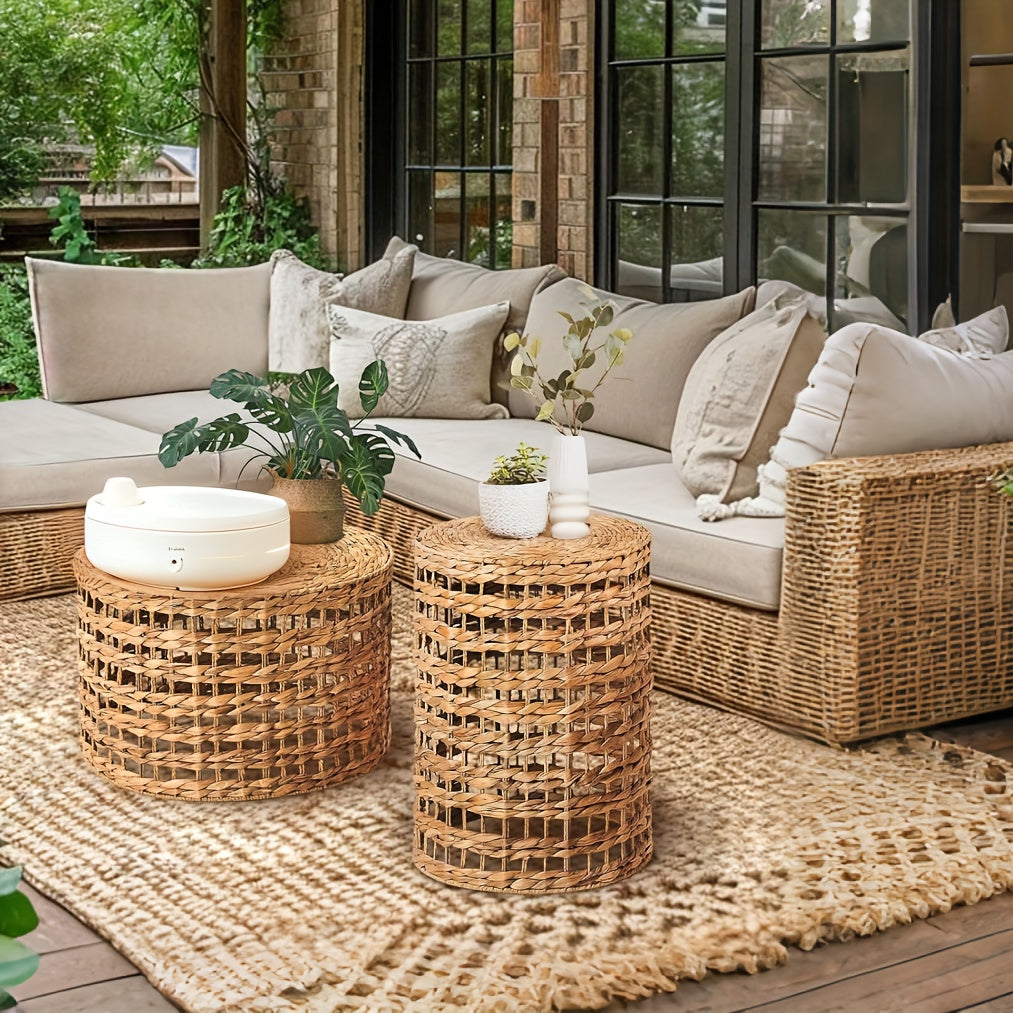 Handwoven Outdoor Side Tables, Set Of 2 Natural Water Hyacinth Outside End Table, Round Coffee Table For Patio, Garden, Backyard, Indoor Outdoor Plant Or End Table