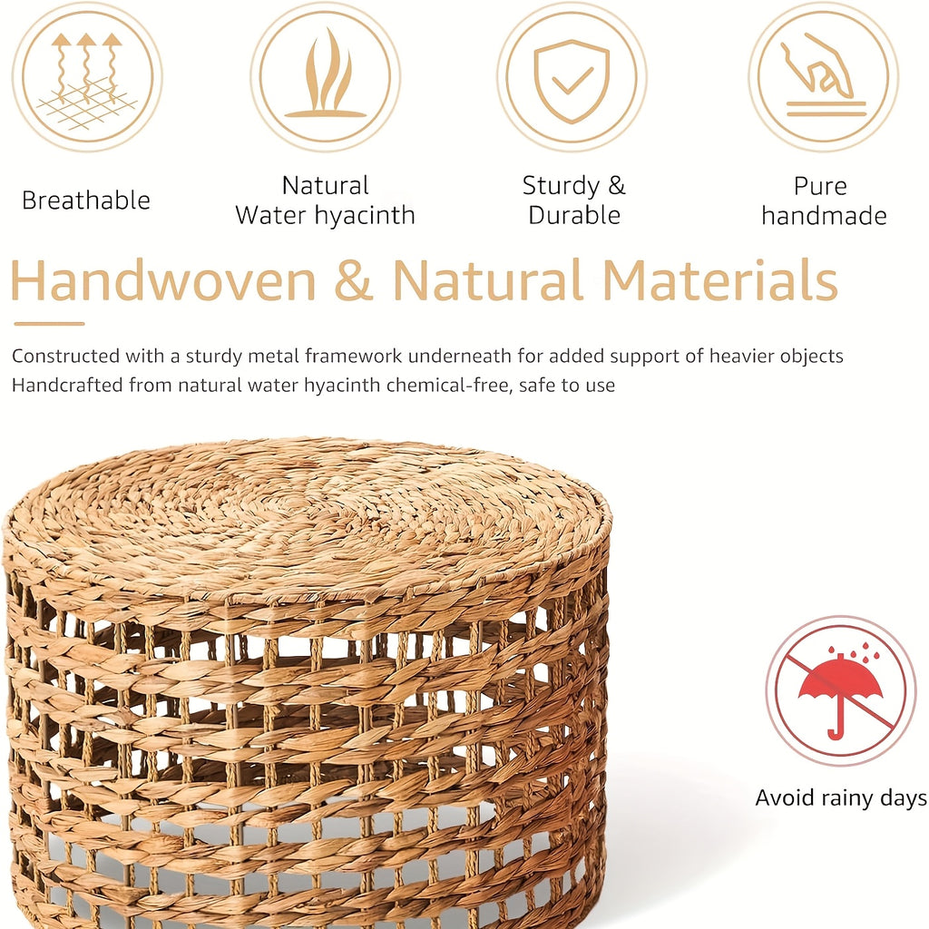Handwoven Outdoor Side Tables, Set Of 2 Natural Water Hyacinth Outside End Table, Round Coffee Table For Patio, Garden, Backyard, Indoor Outdoor Plant Or End Table