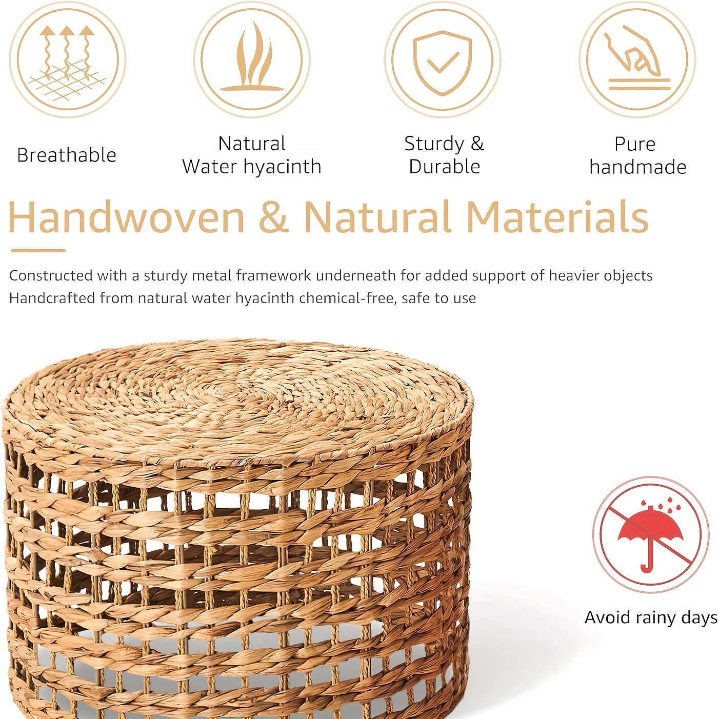 Handwoven Outdoor Side Tables, Set Of 2 Natural Water Hyacinth Outside End Table, Round Coffee Table For Patio, Garden, Backyard, Indoor Outdoor Plant Or End Table