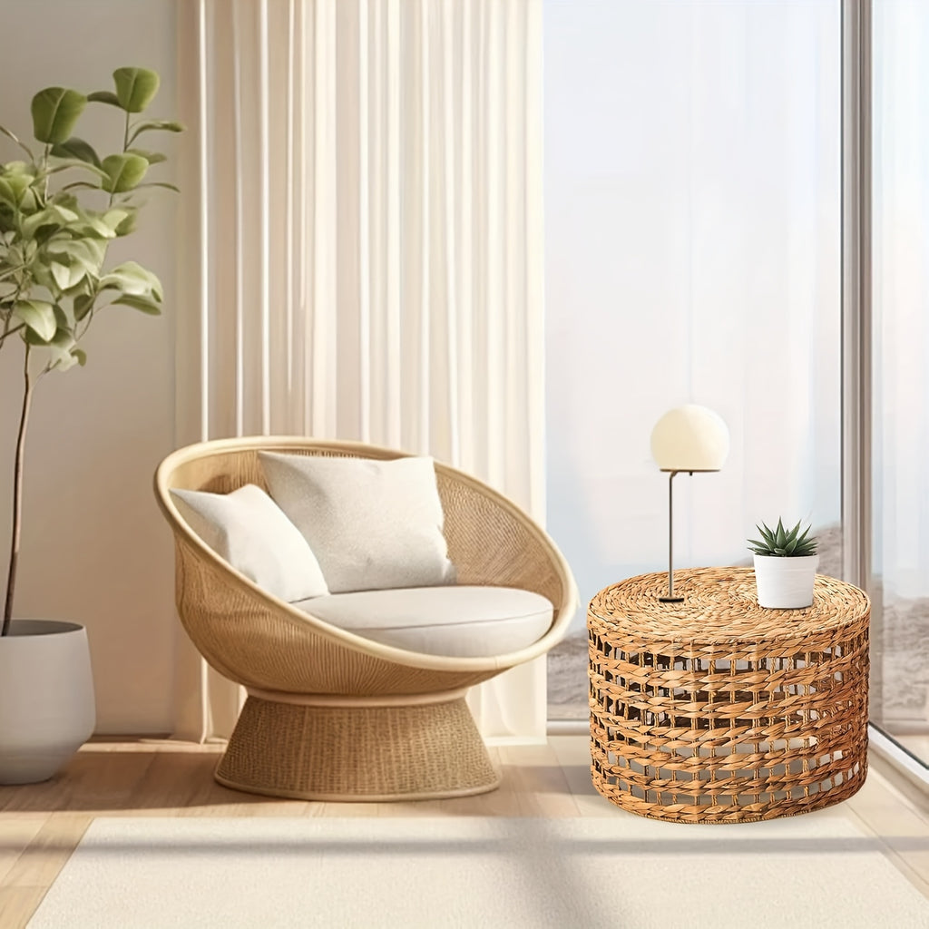 Handwoven Outdoor Side Tables, Set Of 2 Natural Water Hyacinth Outside End Table, Round Coffee Table For Patio, Garden, Backyard, Indoor Outdoor Plant Or End Table