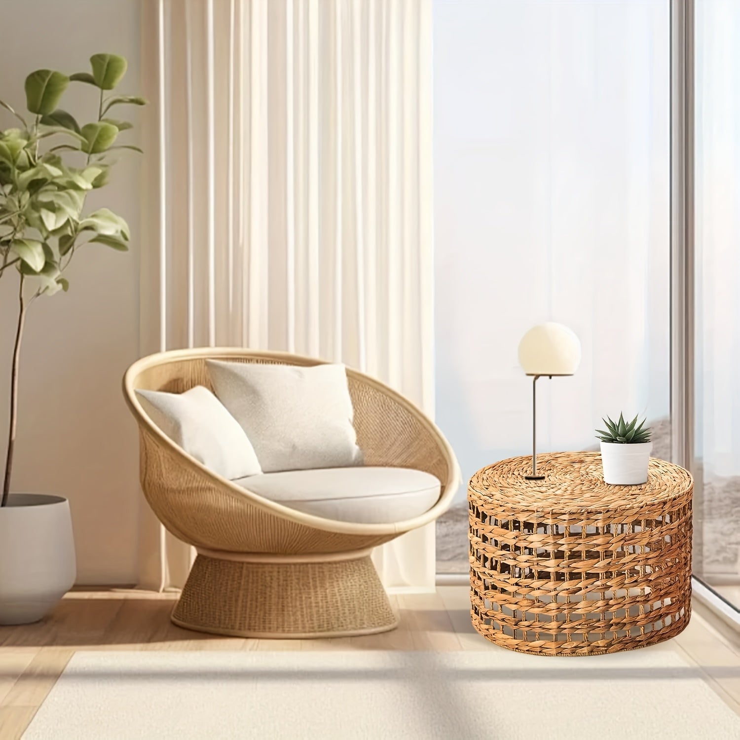 Handwoven Outdoor Side Tables, Set Of 2 Natural Water Hyacinth Outside End Table, Round Coffee Table For Patio, Garden, Backyard, Indoor Outdoor Plant Or End Table