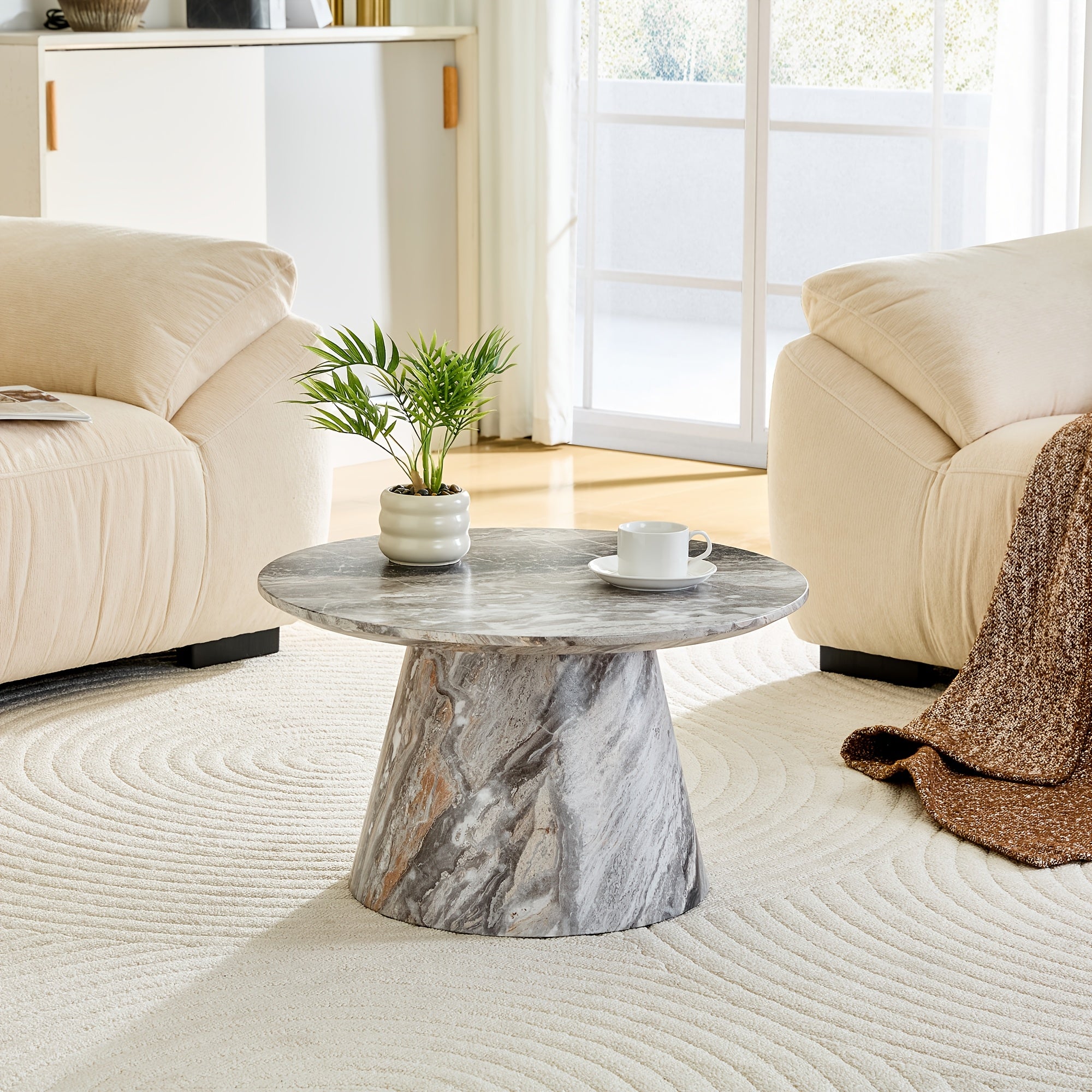 Round Coffee Table 23.6 Inch Modern Minimalist Small Space-Saving Low Table with Smooth Tabletop & Engineered Wood\u002FMDF Top, Suitable for Living Room, Bedroom, Apartment, Office - Assembly Compact Circular Furniture for Small Spaces