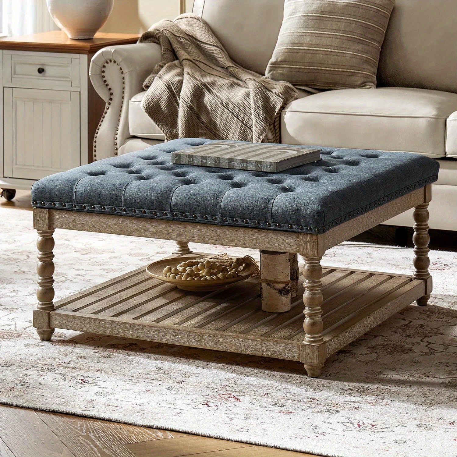 Rectangular Upholstered Coffee Table Ottoman Featuring Spindle Wooden Legs, Tufted Design, And a Solid Wood Storage Shelf for The Living Room