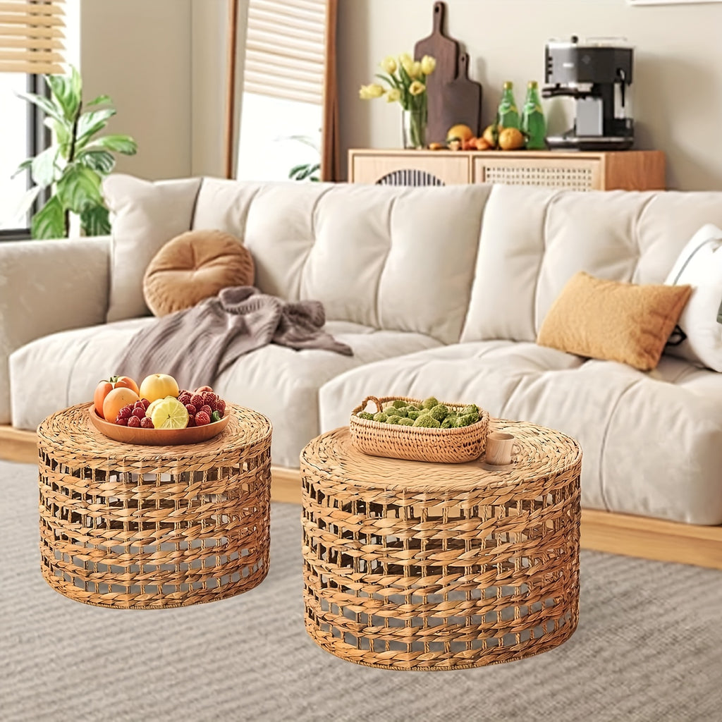 Handwoven Outdoor Side Tables, Set Of 2 Natural Water Hyacinth Outside End Table, Round Coffee Table For Patio, Garden, Backyard, Indoor Outdoor Plant Or End Table