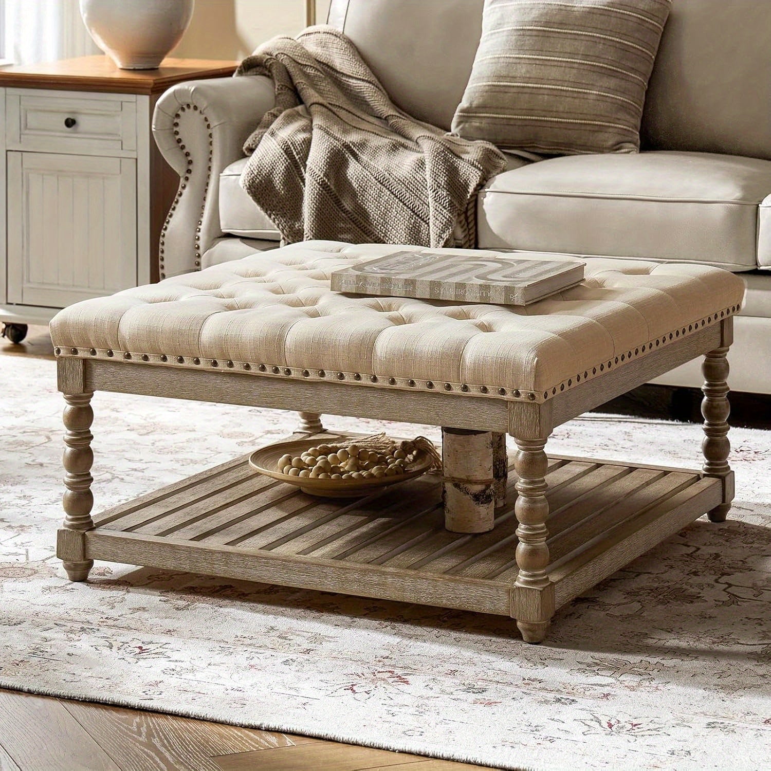 Rectangular Upholstered Coffee Table Ottoman Featuring Spindle Wooden Legs, Tufted Design, And a Solid Wood Storage Shelf for The Living Room