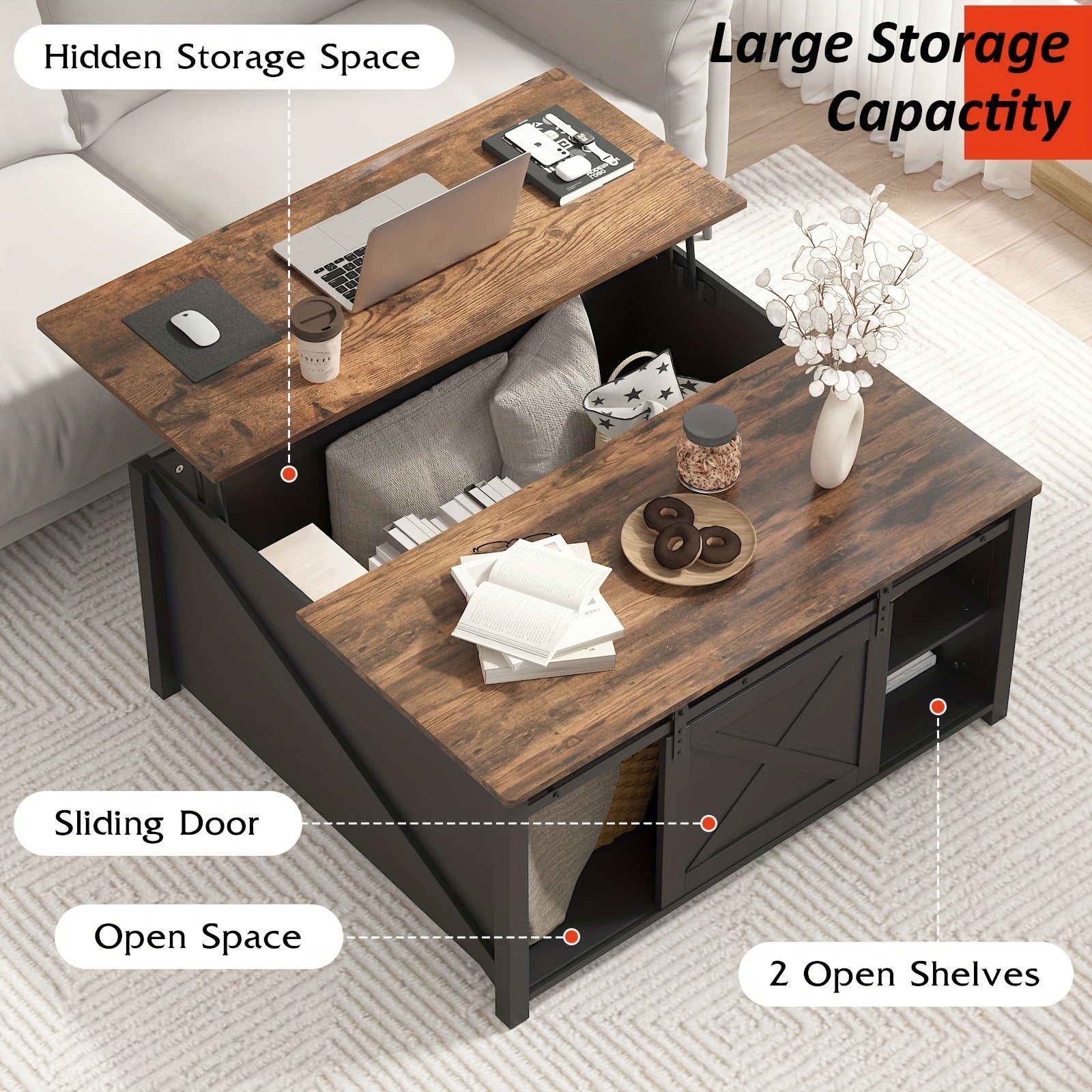 Lift Top Coffee Table with Storage, Square Wood Coffee Tables with Large Hidden Storage Compartment and Adjustable Shelves, Multi-Function Farmhouse Coffee Table for Living Room, Bedroom and Home Office